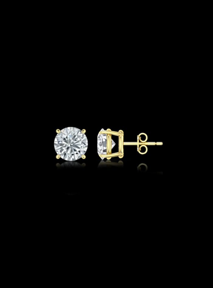 4 Prong Basket-18K Yellow Gold-Natural Diamond Studs-Push Back-Round 2.00 Ct TW